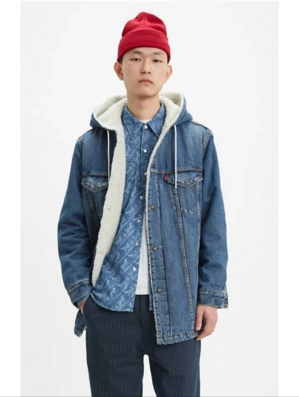 🆕️ Levi's Original Long Sherpa Denim Trucker Jacket Small Denim Coat Western